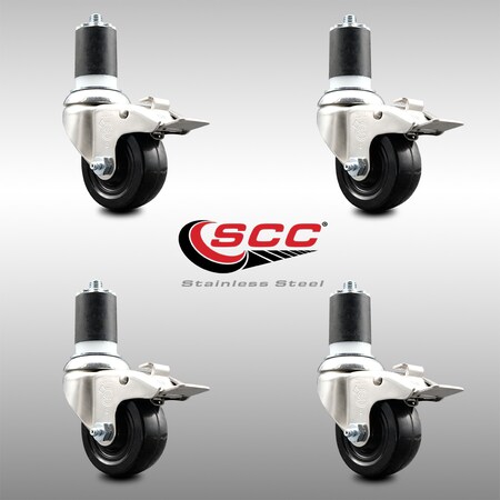 Service Caster 3.5 Inch 316SS Soft Rubber Swivel 1-3/4 Inch Stem Caster Set Lock Brake SCC SCC-SS316TTLEX20S3514-SRS-134-4